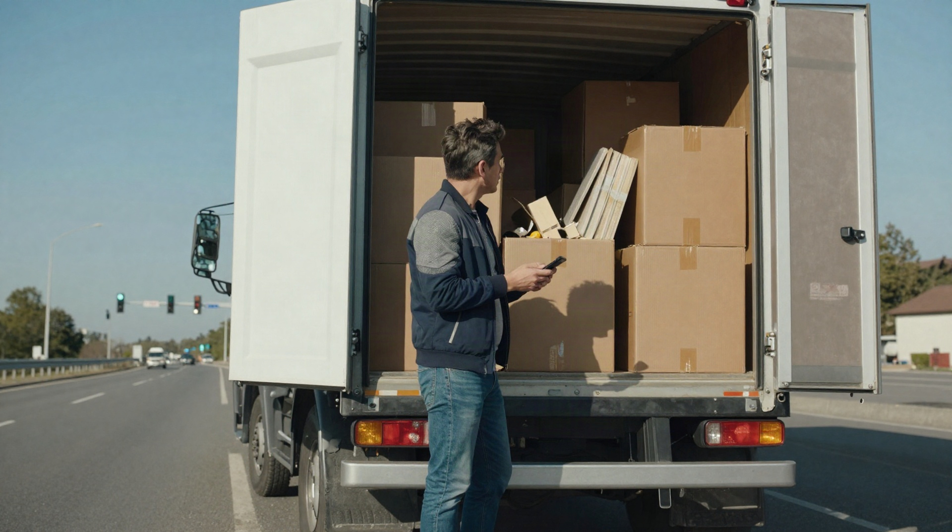Водитель стоит у открытого кузова Газели с грузом на обочине дороги в сумерках.